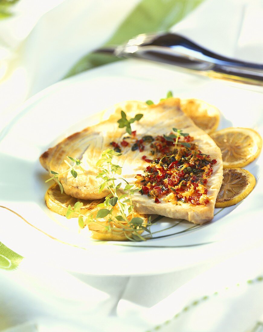 Thunfisch auf gegrillten Zitronenscheiben