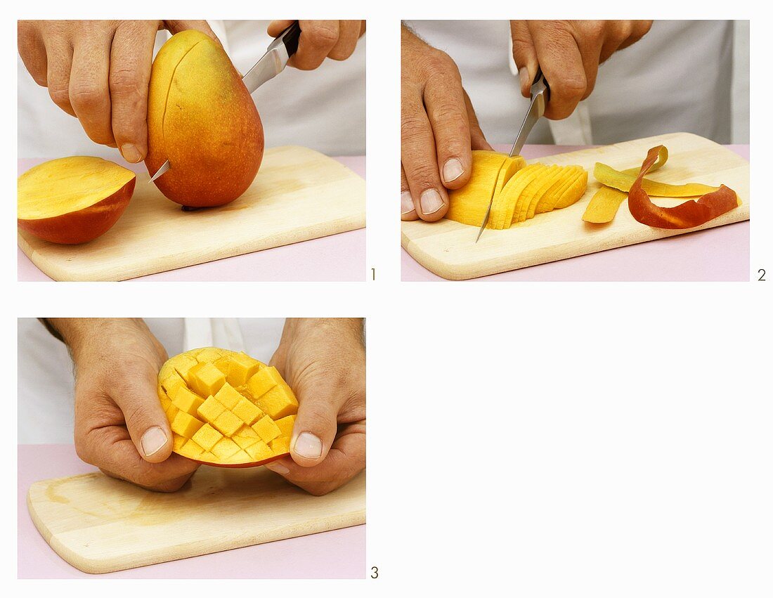 Halving, slicing and cubing a mango