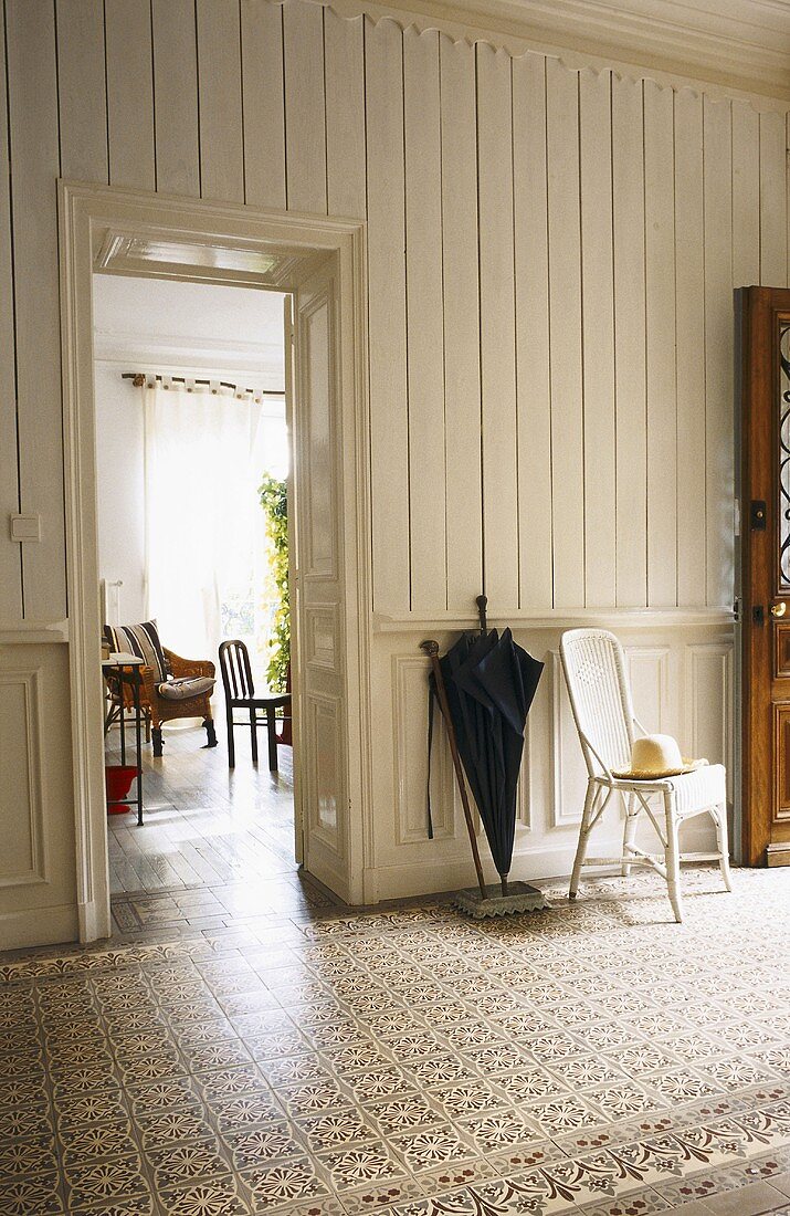 A hallway with a tiled floor