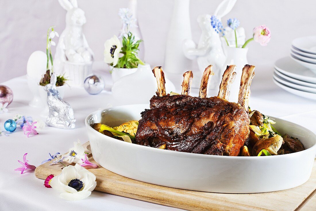 Roast veal on a table laid for Easter