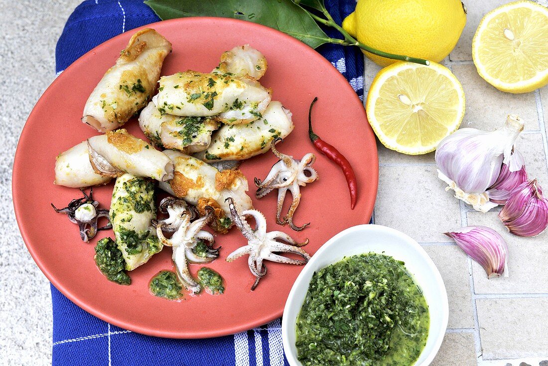 Fried squid with pesto