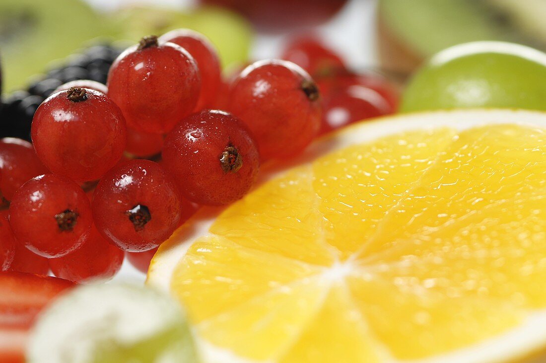 An orange and redcurrents (close up)