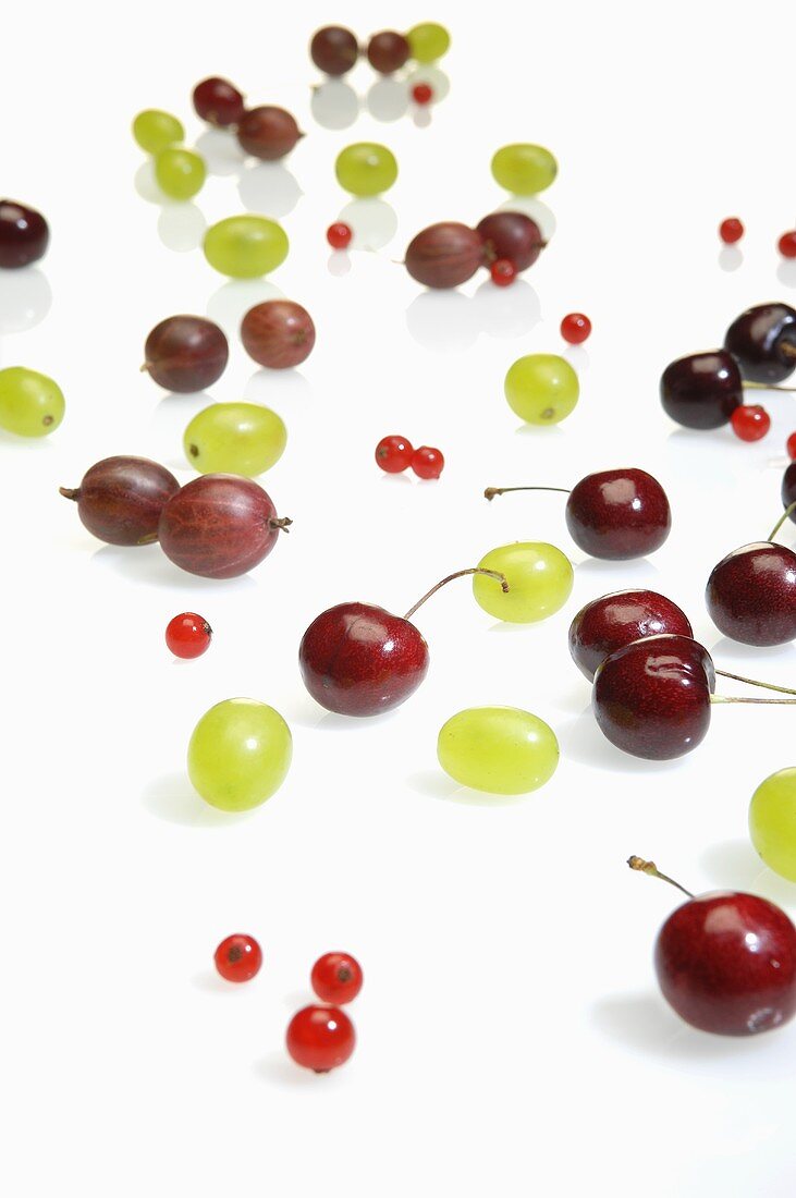 Cherries, redcurrents and green grapes
