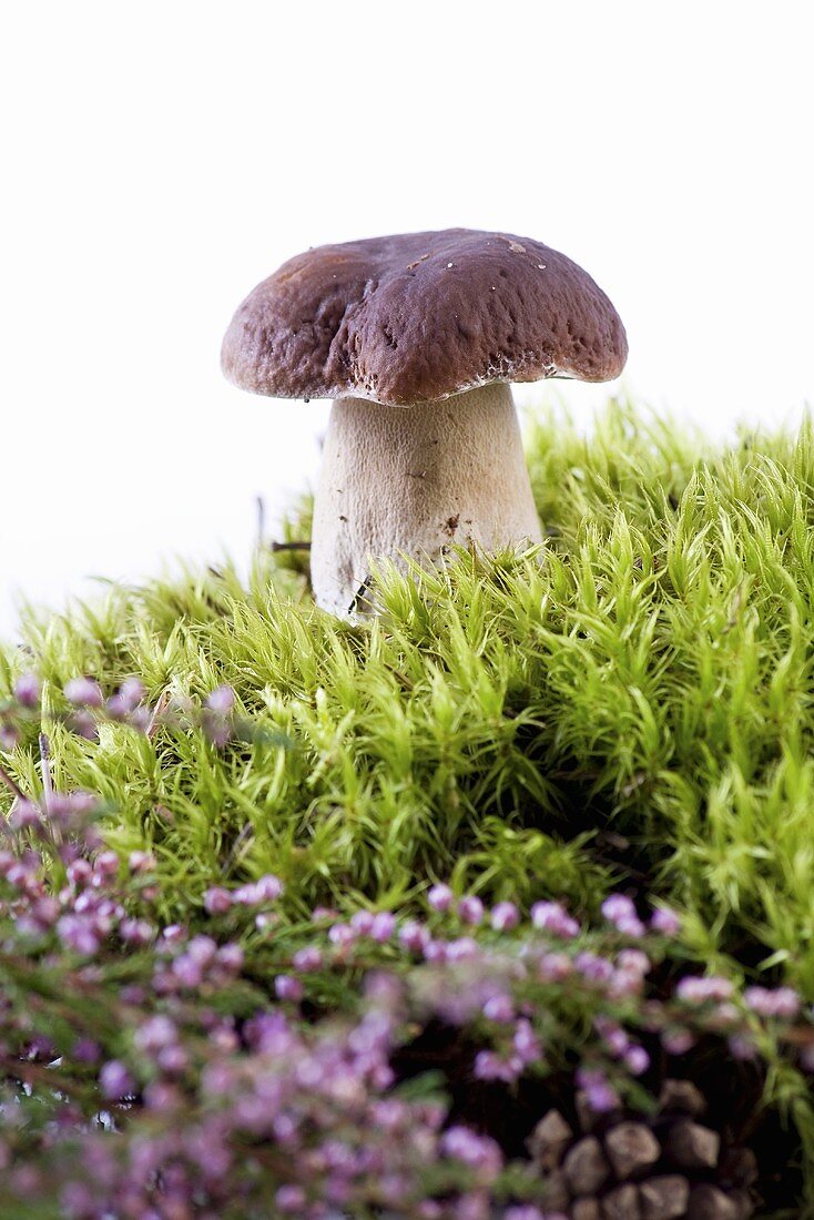 A porcini mushroom in moss