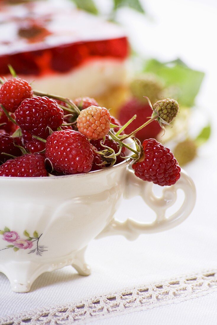 Fresh raspberries in a porcelain cup