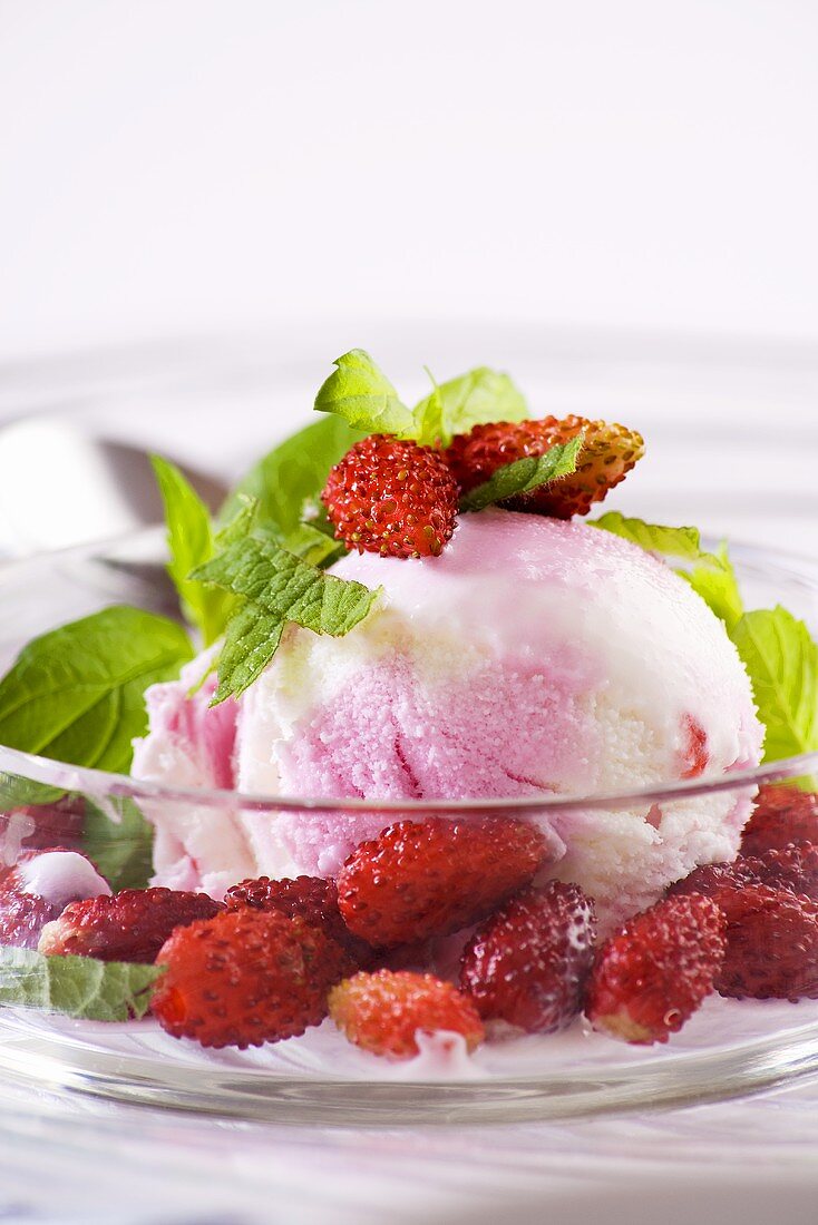 Strawberry ice cream with alpine strawberries and mint