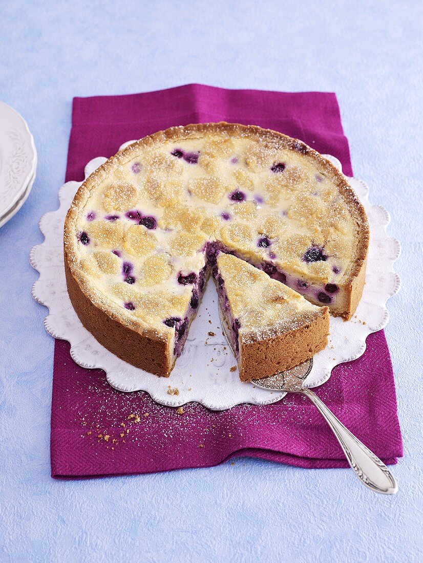 A white Zupfkuchen (a cheesecake and chocolate cake combination) with blueberries