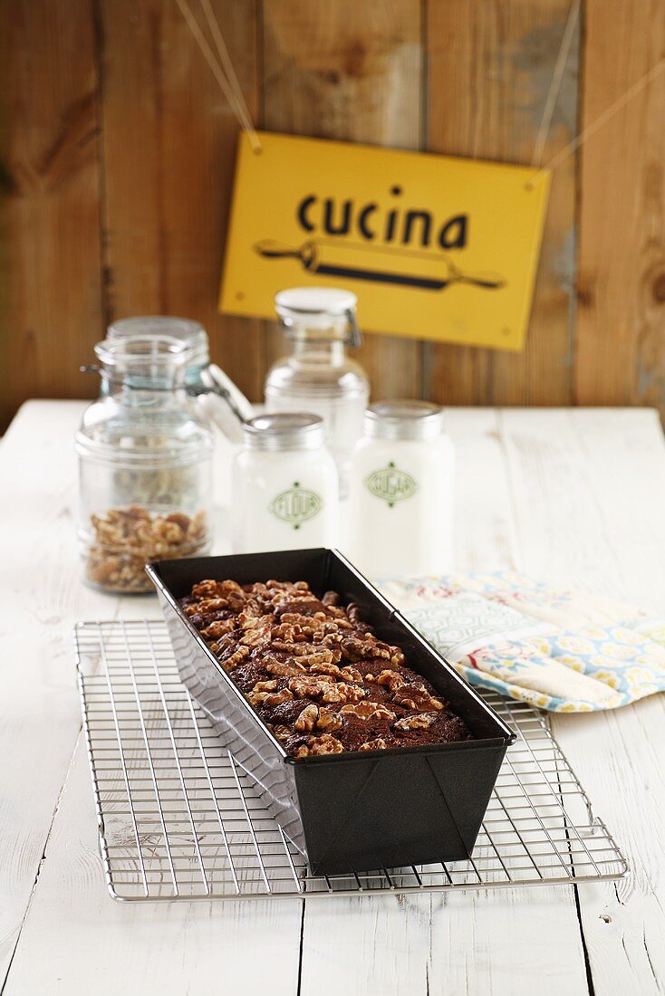 A walnut-date cake in a loaf tin