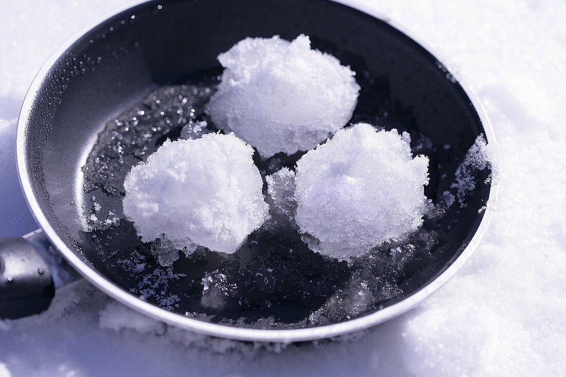 Three snowballs in a frying pan
