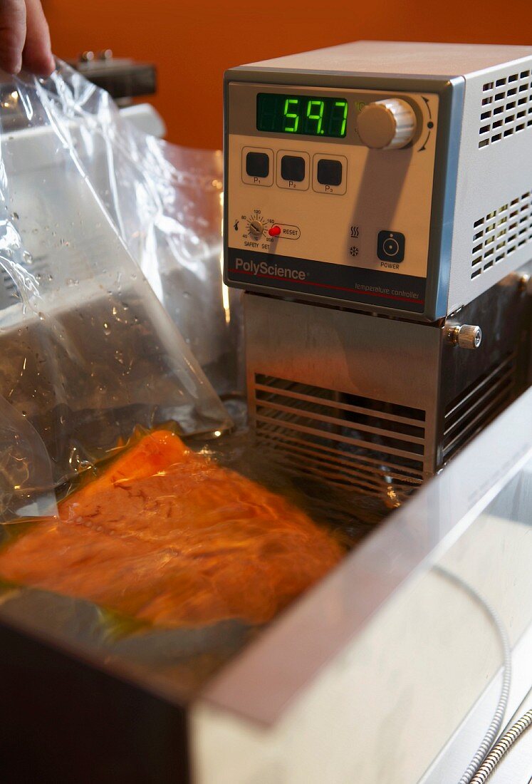 A shrink-wrapped salmon fillet immersion circulator