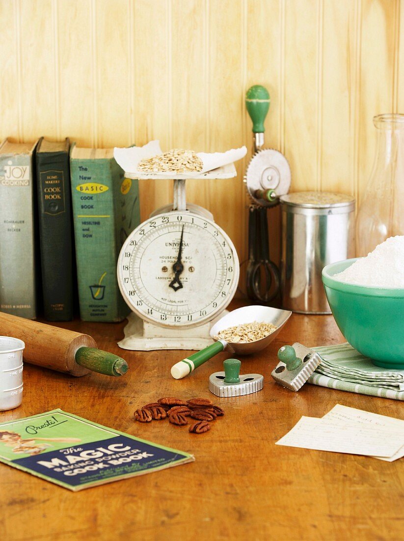 Baking ingredients and old-fashioned kitchen utensils