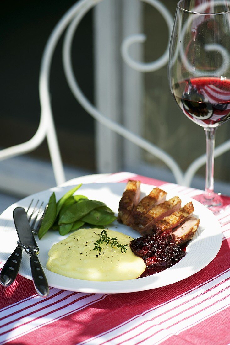 Duck breast with cherry sauce and puree