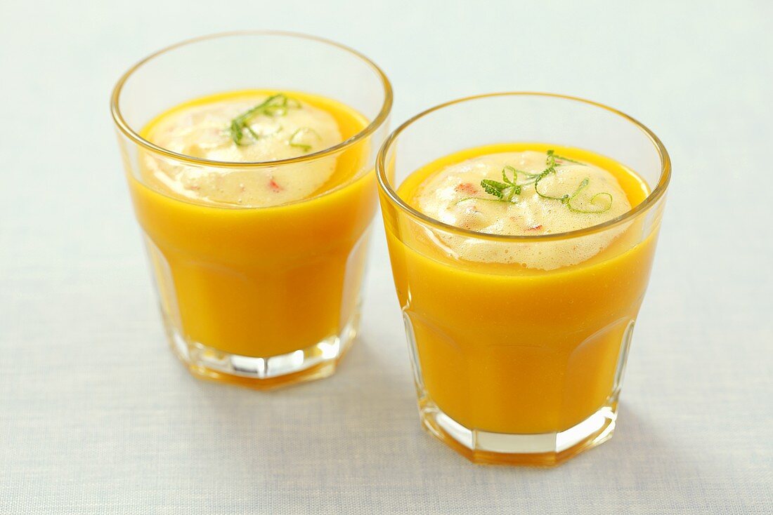 Cold carrot soup with surimi cream and lime