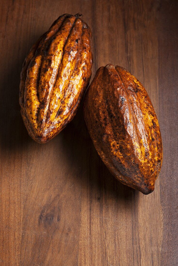 Zwei Kakaobohnen auf Holzuntergrund
