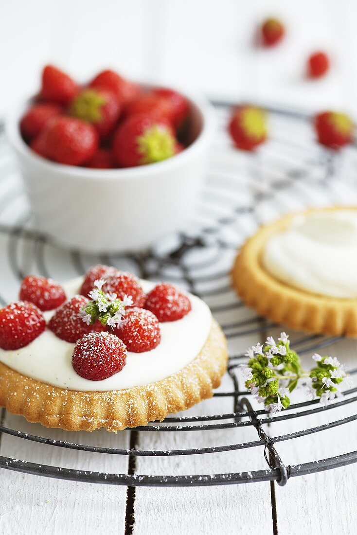 Strawberry tartlets with icing sugar on a wire rack