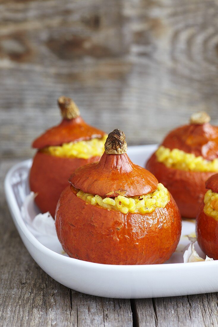 Pumpkin risotto in hollowed out pumpkins