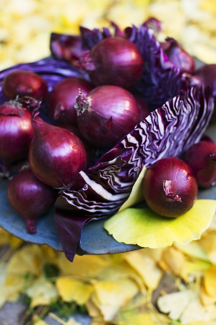 Autumnal display of red cabbage and red onions