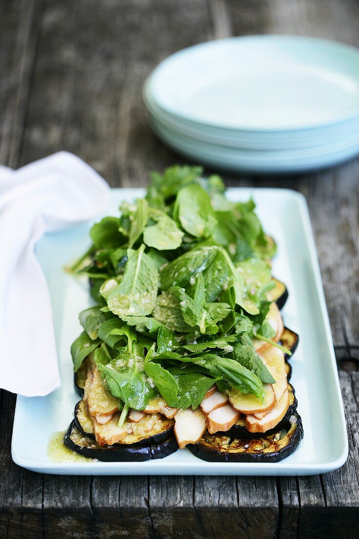 Aubergine salad with smoked chicken