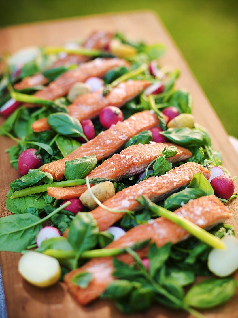 Oven baked rainbow trout with vanilla dresing on raw vegetables
