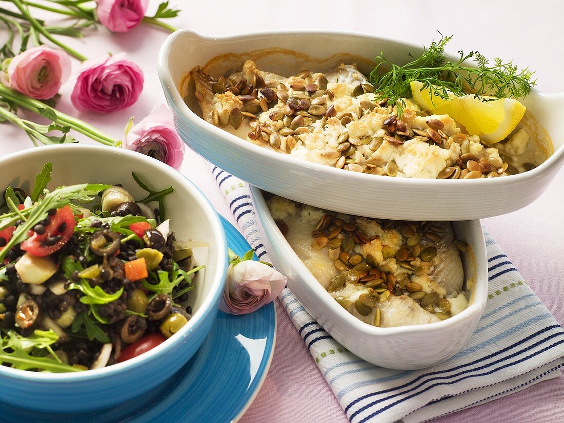Fish au gratin with goat's cheese and lentil salad
