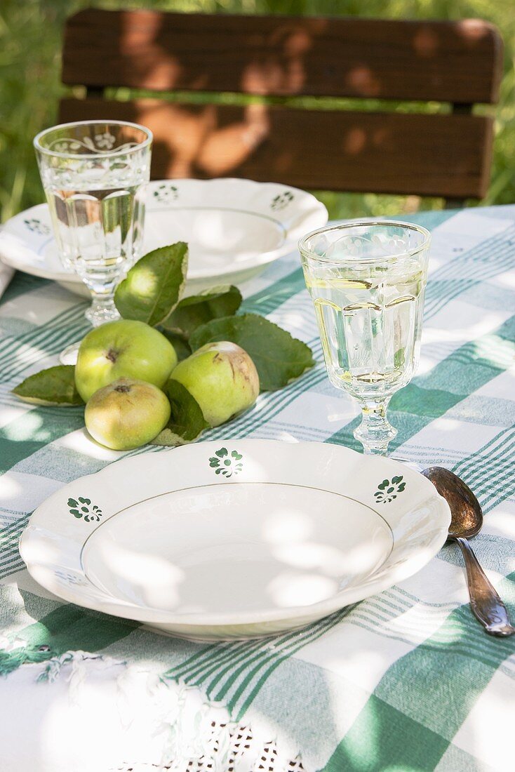 Apples on a table laid outside