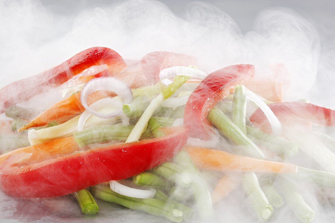 Mixed vegetables being steamed