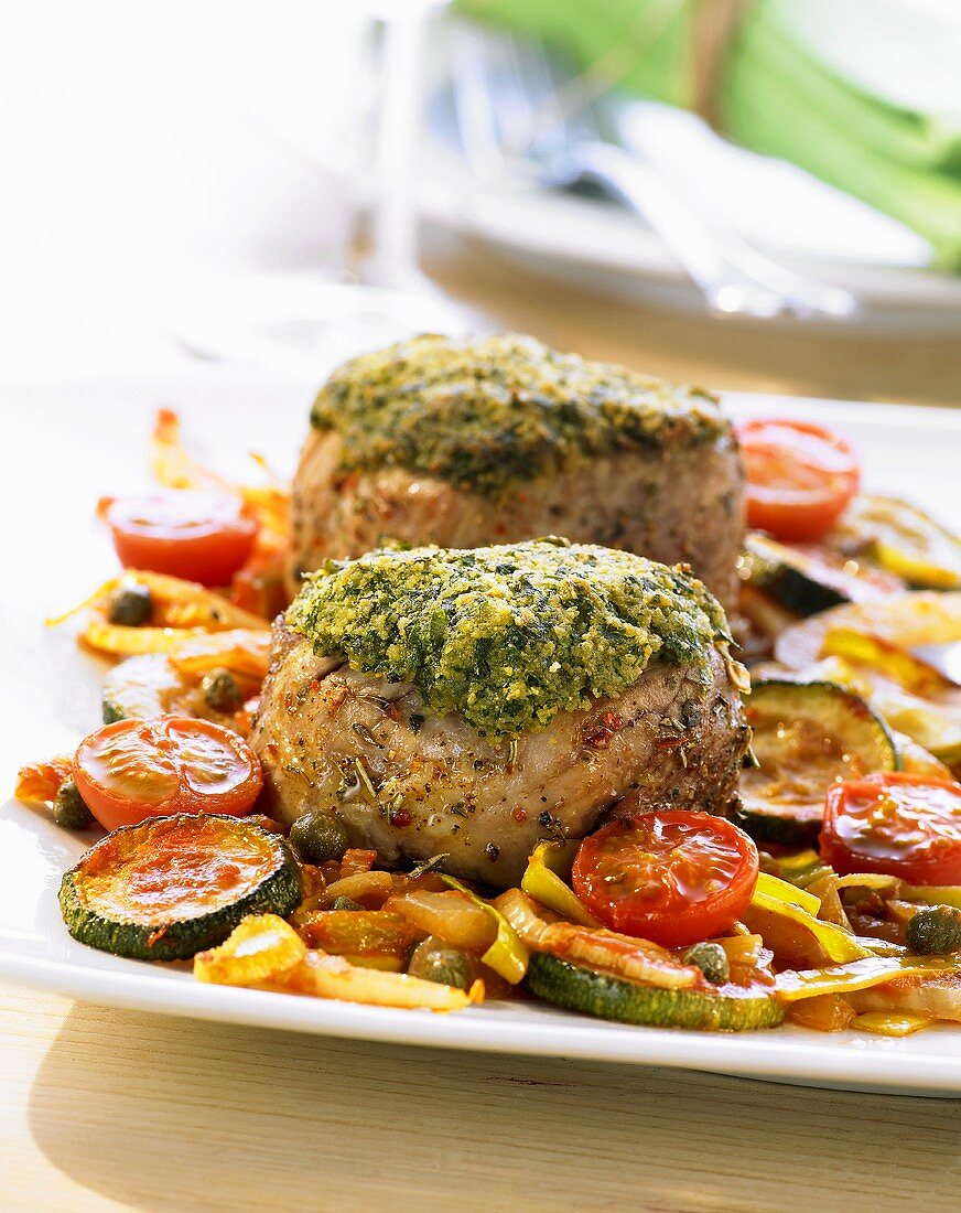 Pork loin with a herb crust and Mediterranean vegetables