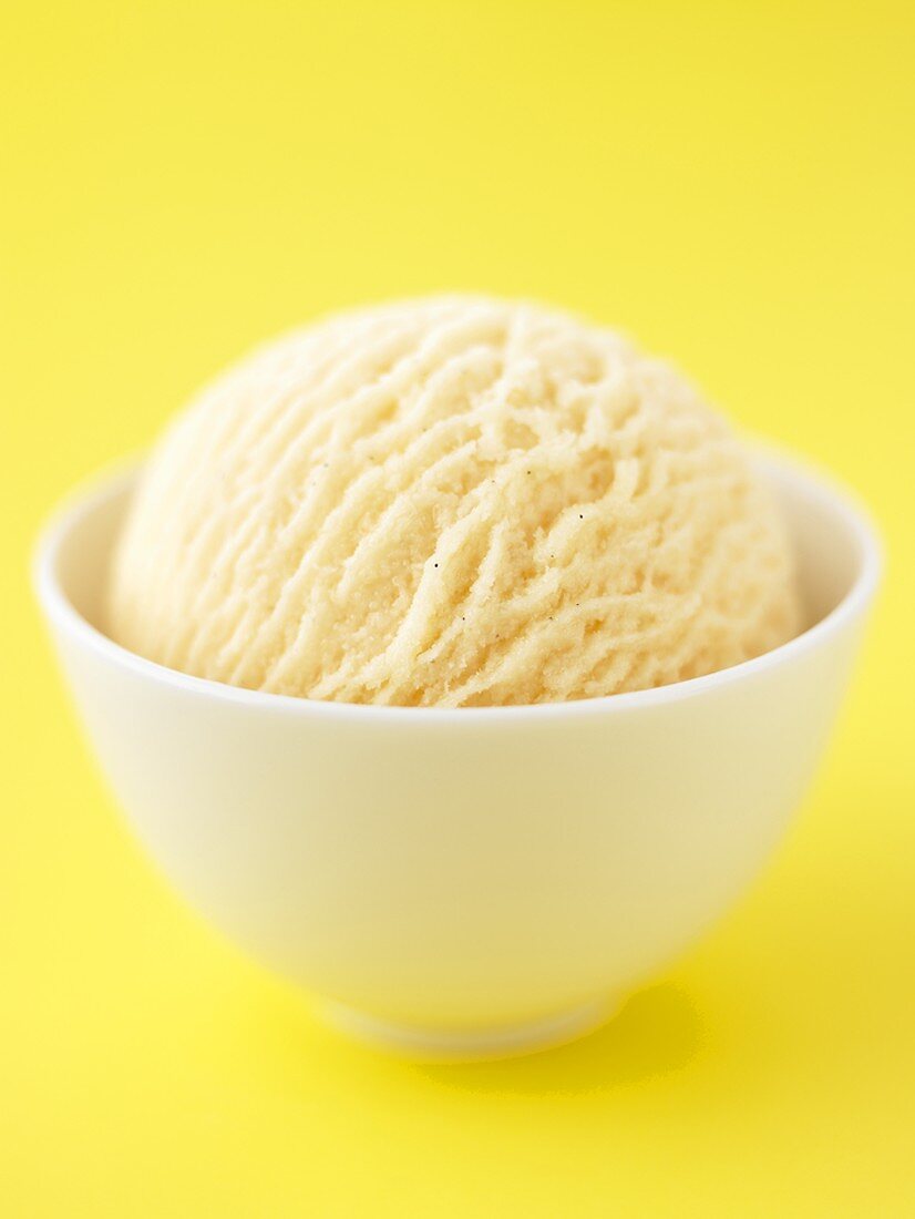 A scoop of vanilla ice in a white bowl