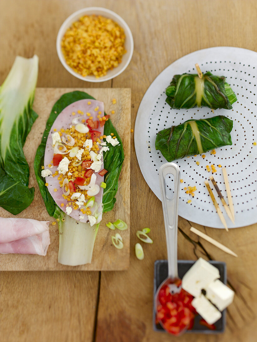 Unsteamed stuffed chard leaves with lentil & feta stuffing