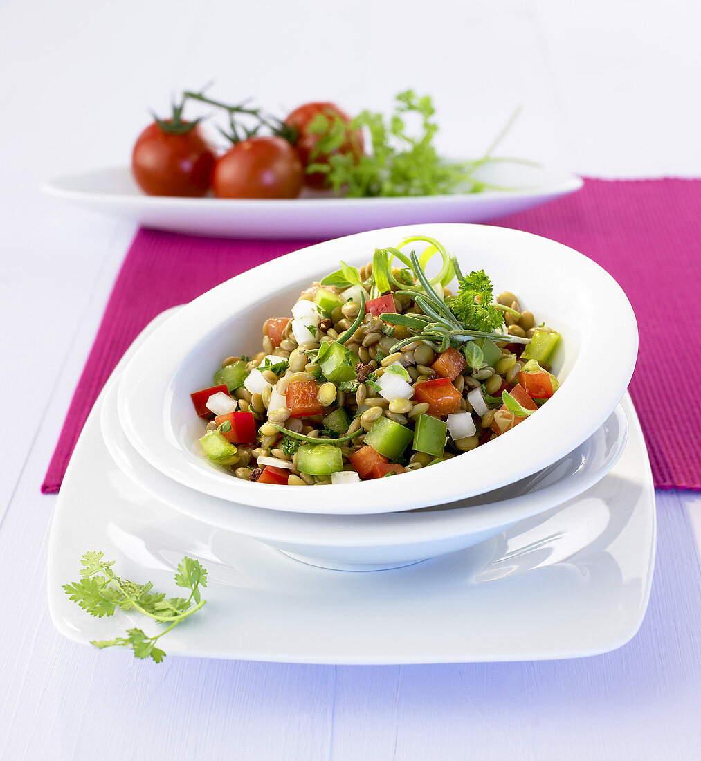 Lentil salad with peppers and tomatoes