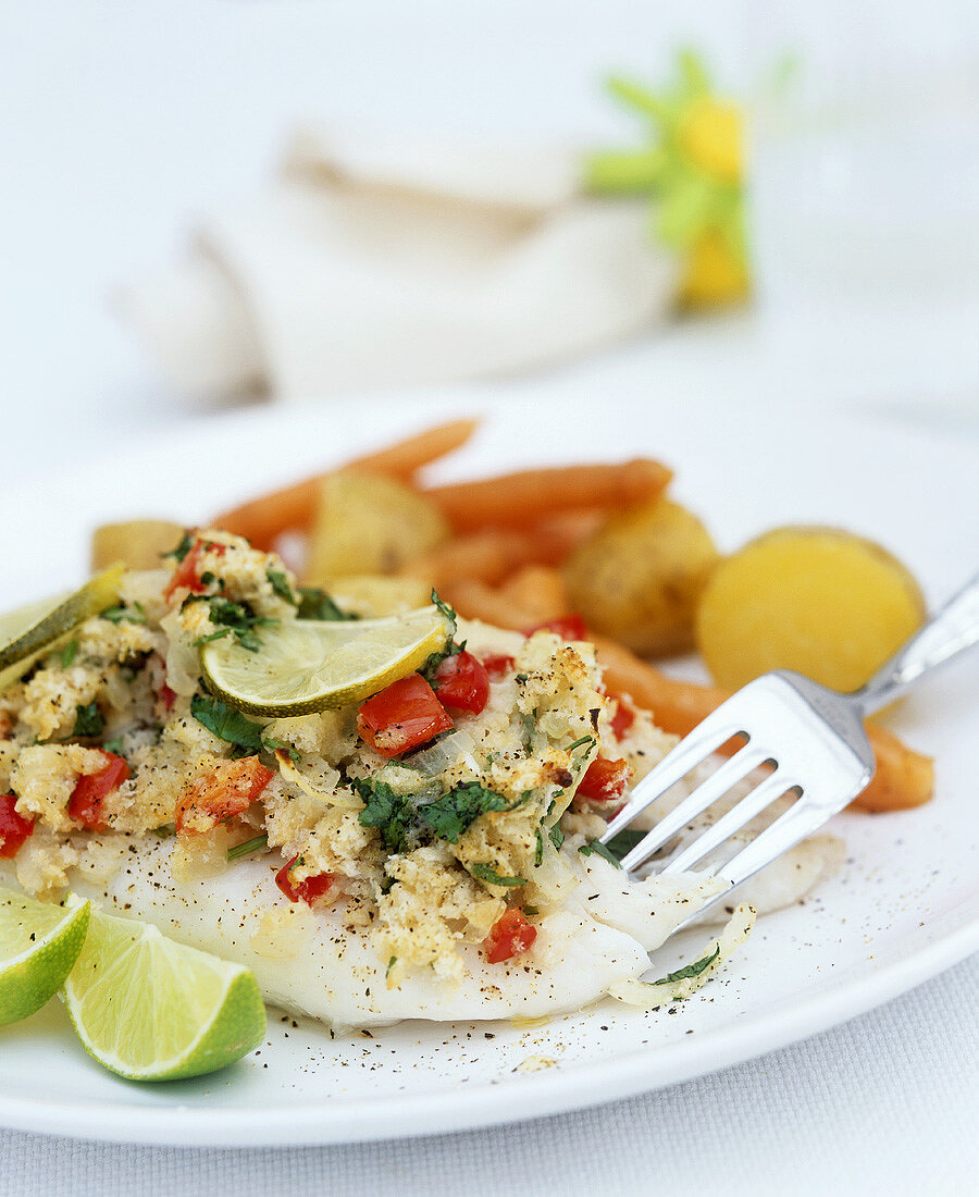 Cod with herb crust, lime wedges, potatoes and carrots