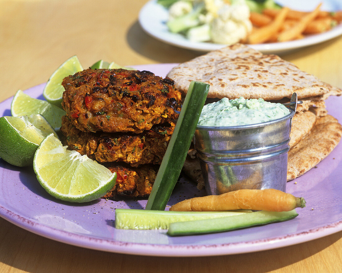 Vegetable burgers with minted yoghurt and pitta bread