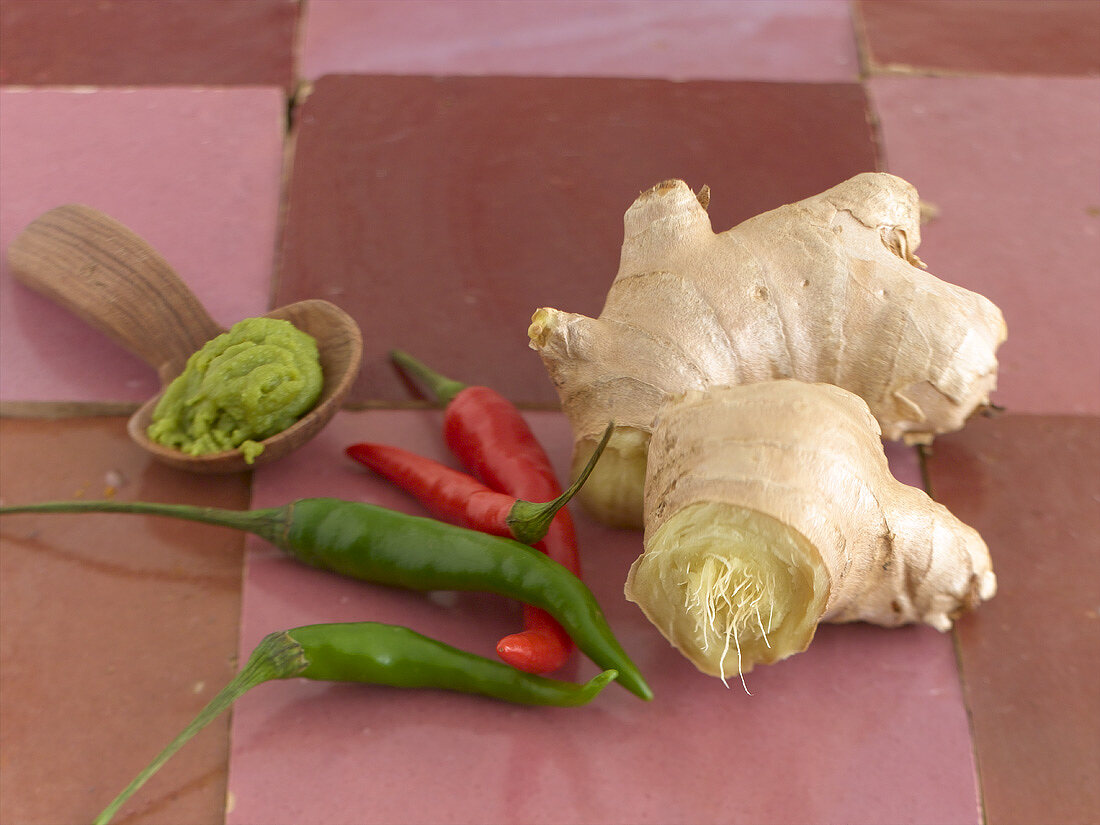 Still life: wasabi paste, chillies and ginger root