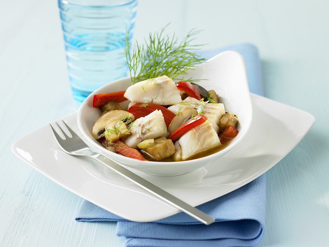 A plate of cod and vegetable goulash