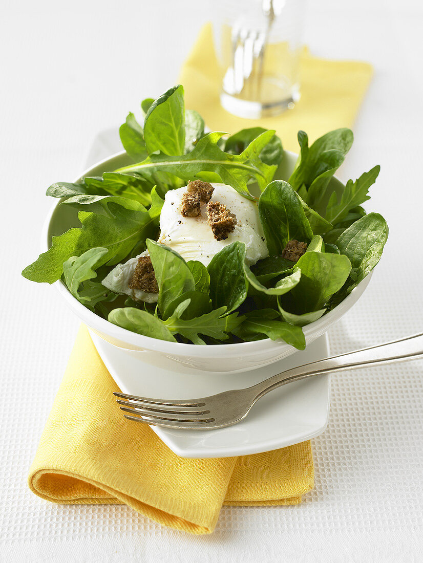 Poached egg on salad leaves