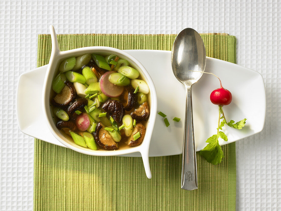 Shiitake soup with radishes and spring onions