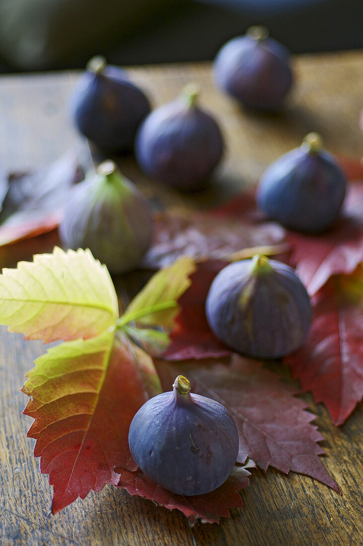 Seven fresh figs on vine leaves