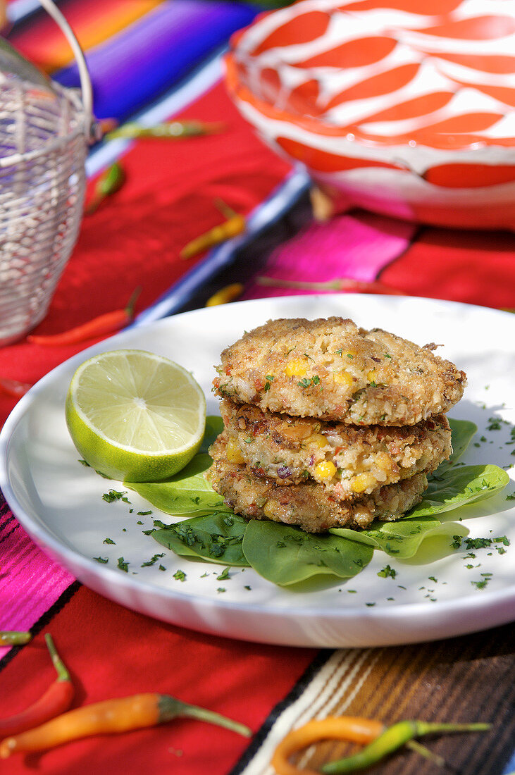 Three chicken and vegetable burgers in a pile (Mexico)