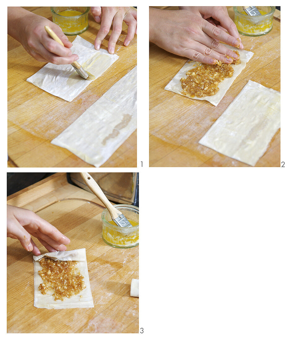 Filling filo pastry with fig, honey and nut filling