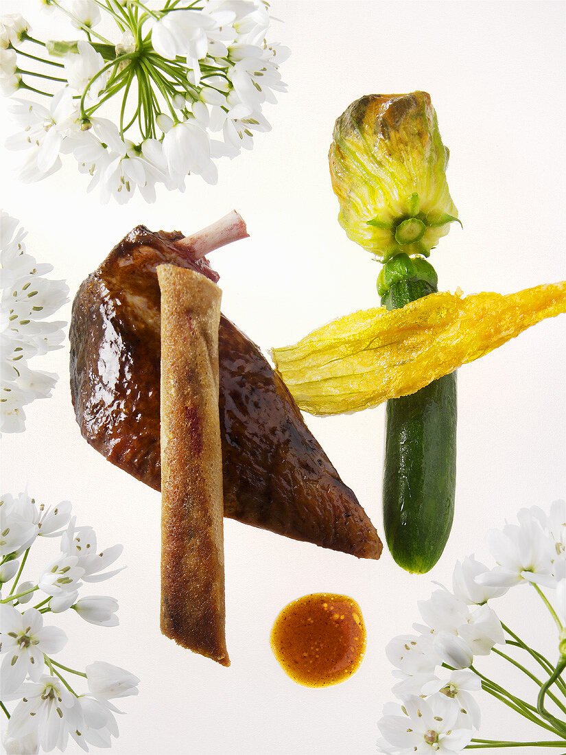 Pigeon breast with courgette and flowers