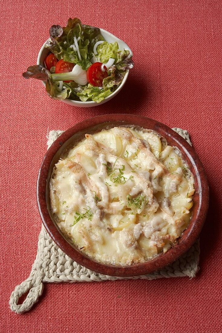 Potato gratin with Munster cheese and side salad