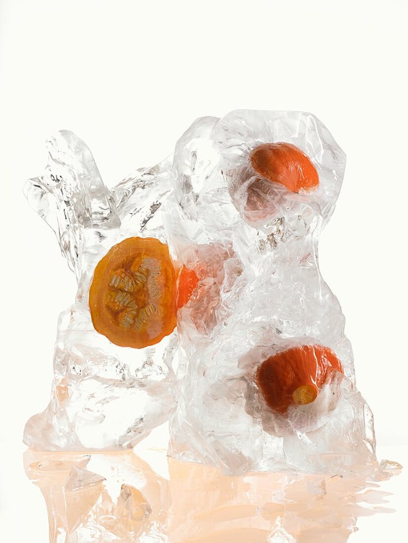 Small Hokkaido pumpkins frozen in ice