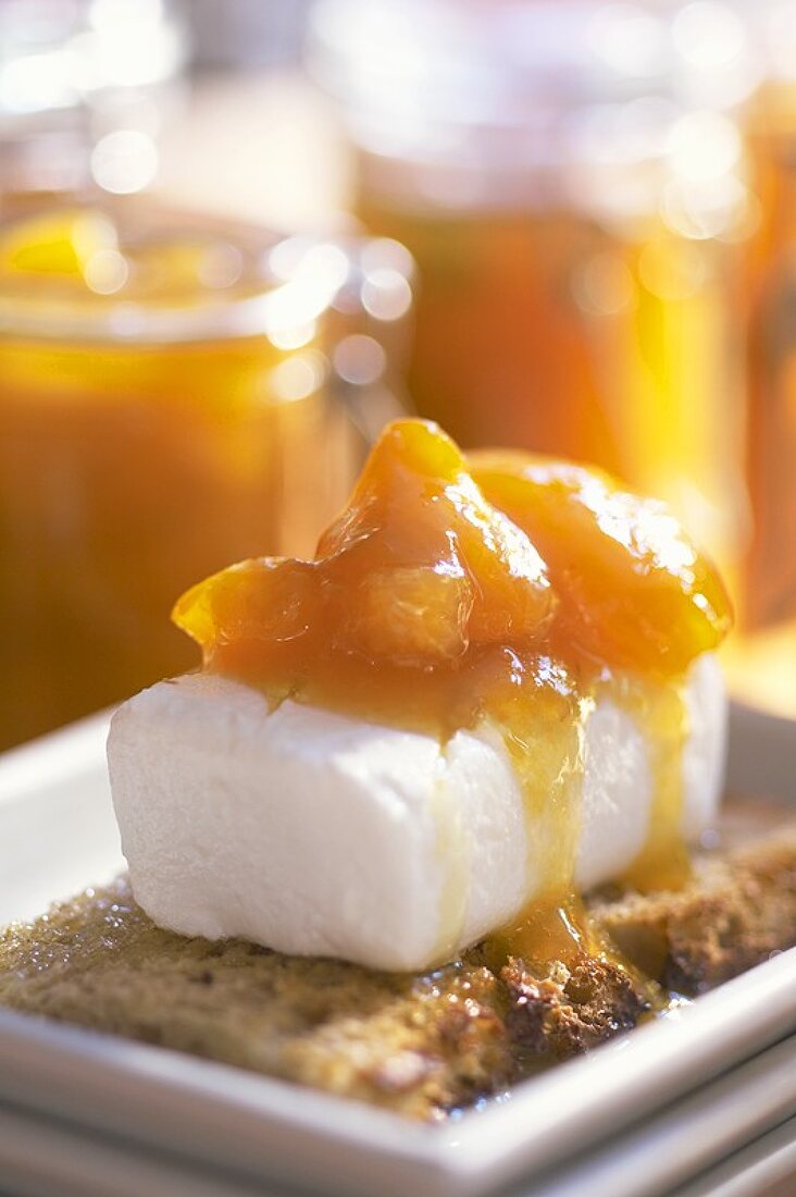 Fresh goat's cheese with sweet & sour apricots on brown bread