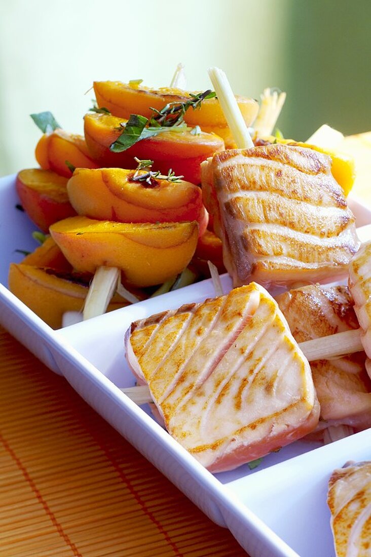 Grilled salmon and apricot skewers