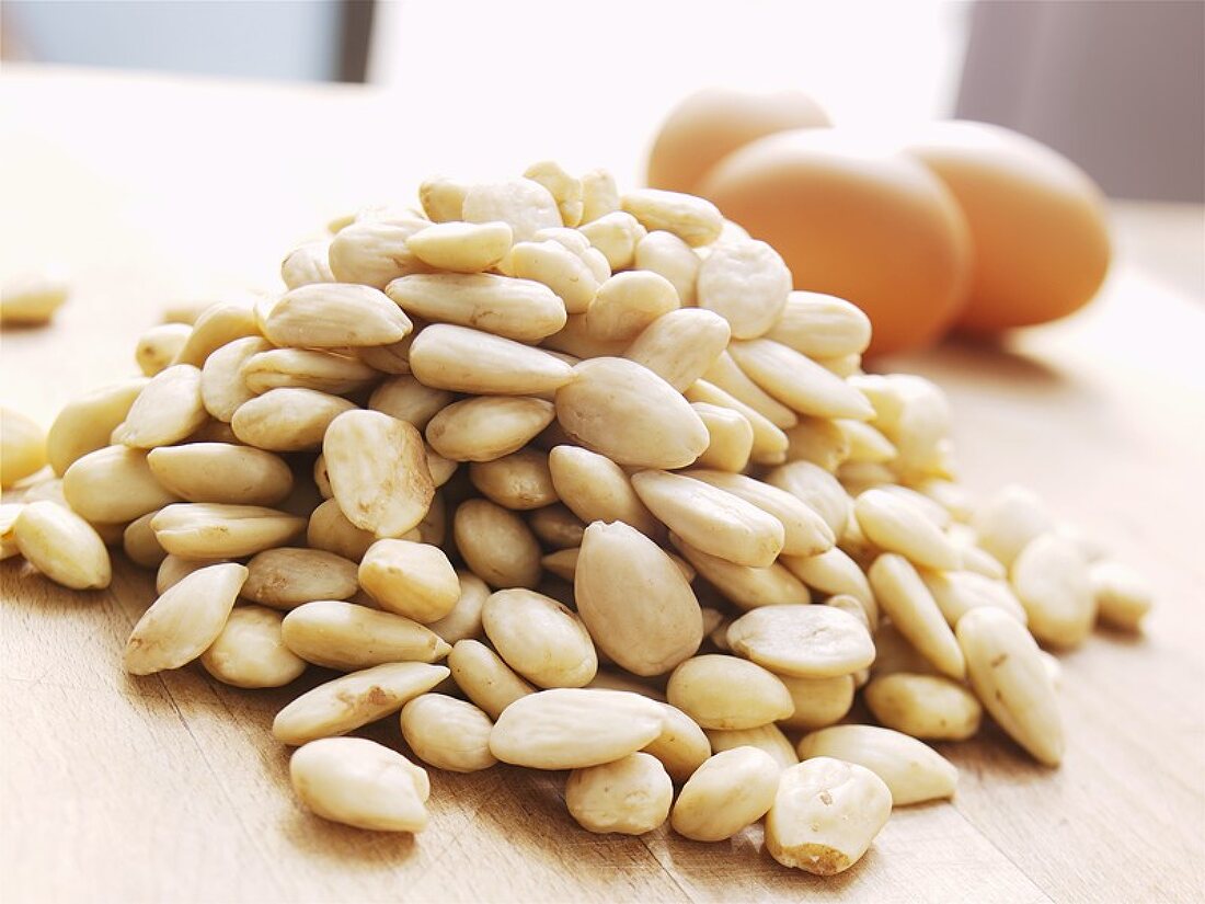 A heap of blanched almonds