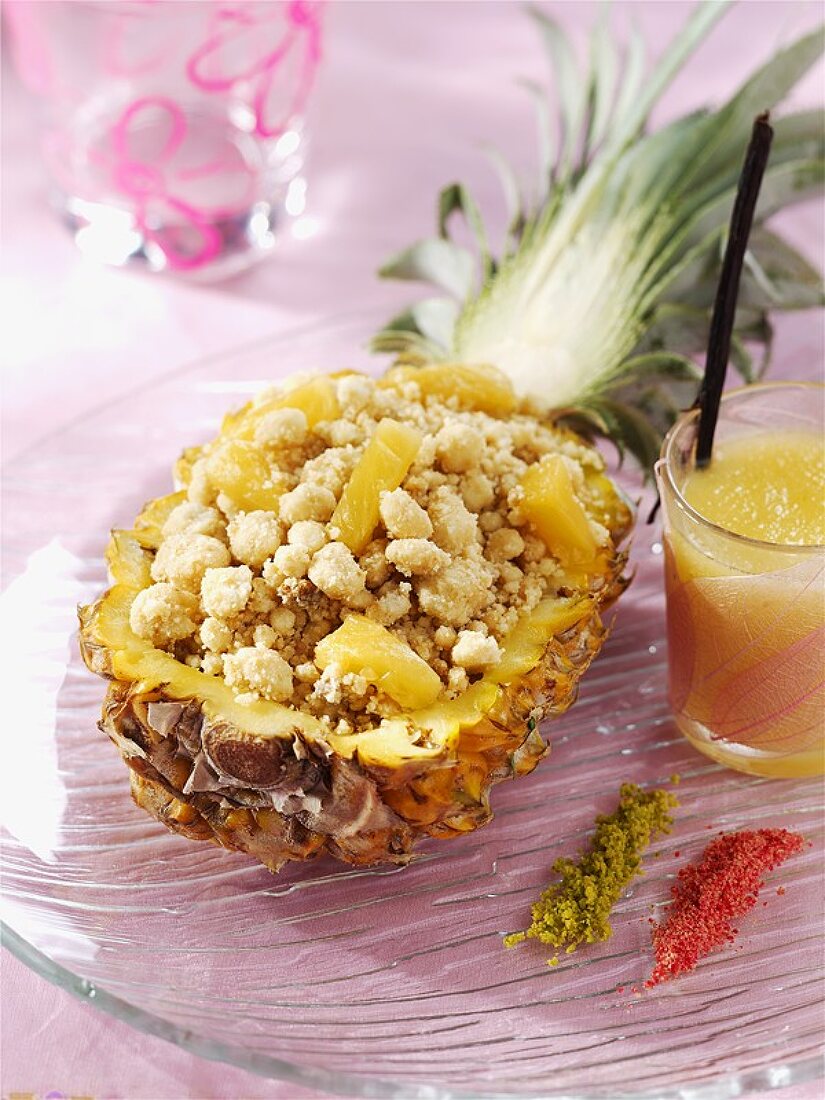 Pineapple crumble in half a pineapple