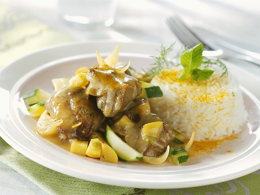 Lamb curry with vegetables and rice