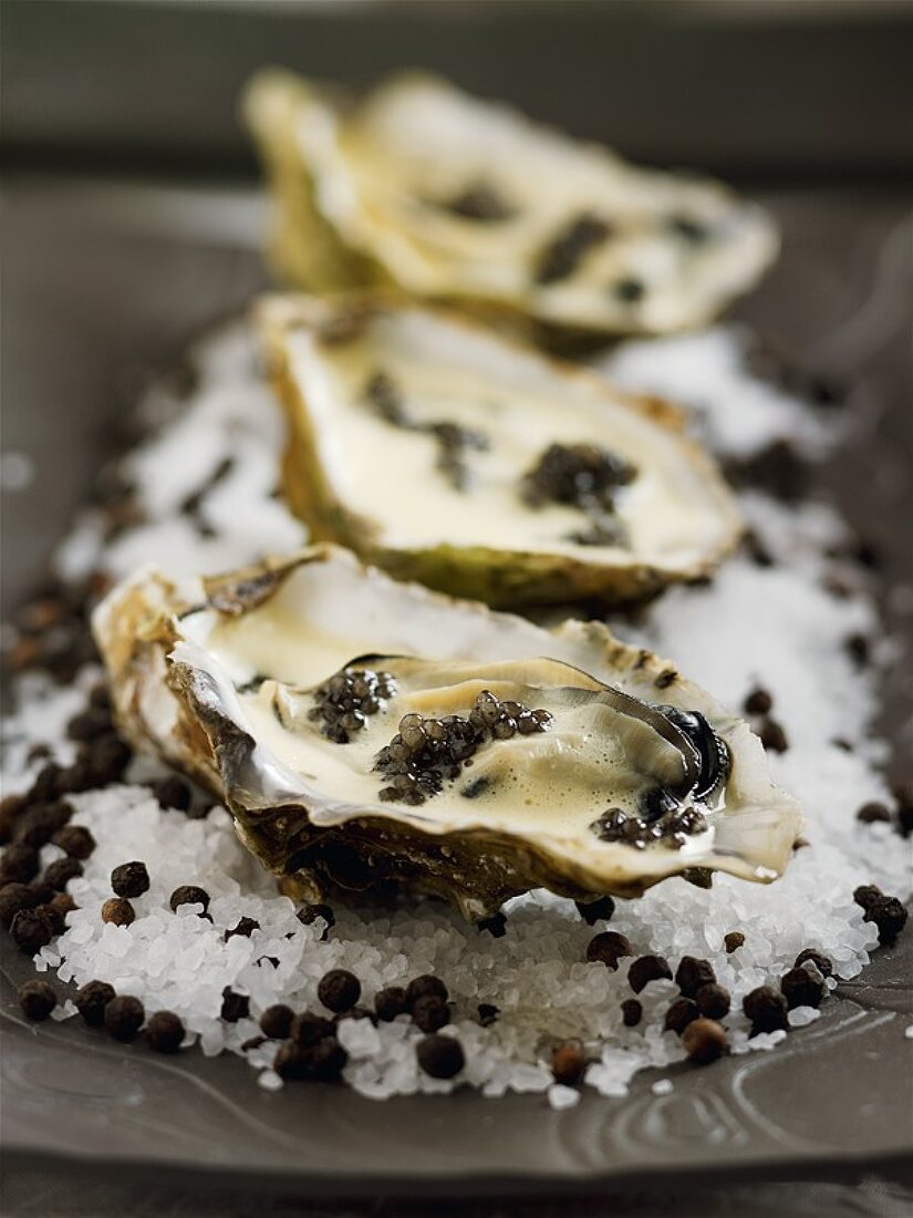 Drei Austern mit Buttersauce und Kaviar auf einem Salzbett