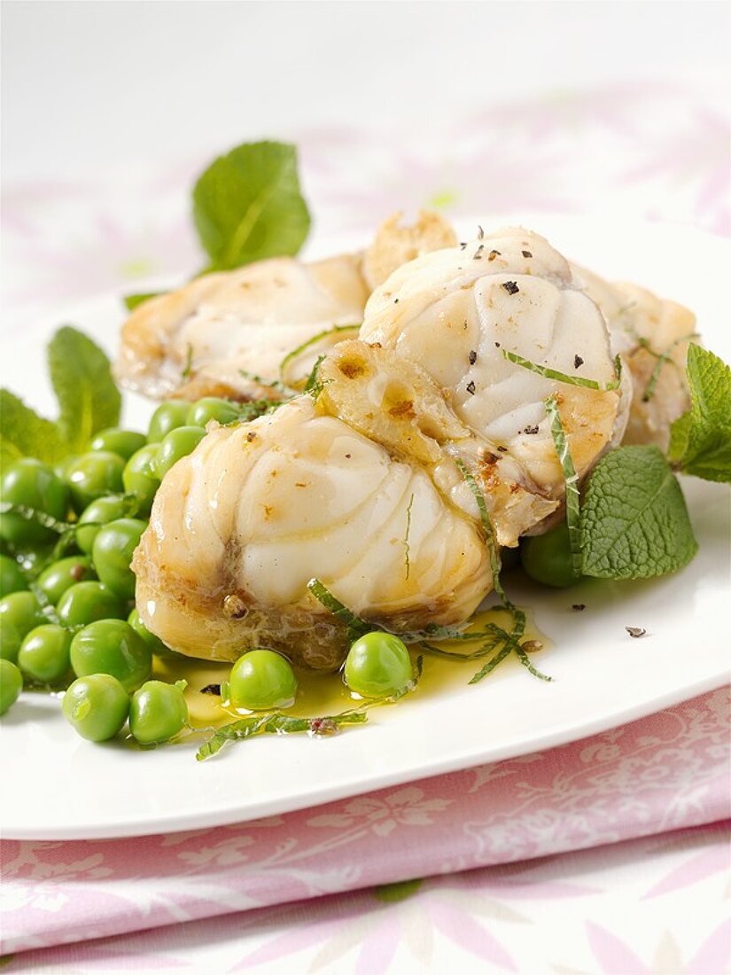Fried monkfish with mint and peas