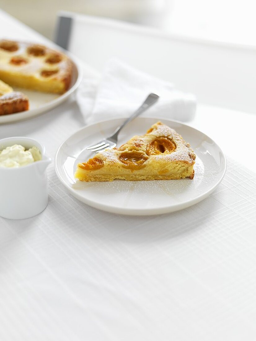 Piece of apricot almond tart with whipped cream, tart in background